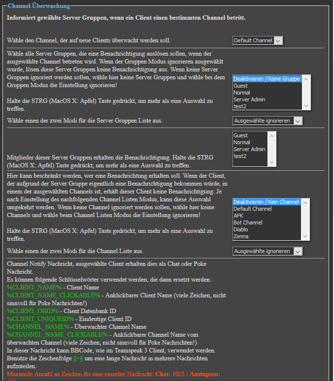 Einstellmöglichkeiten am Beispiel der Channel Überwachung